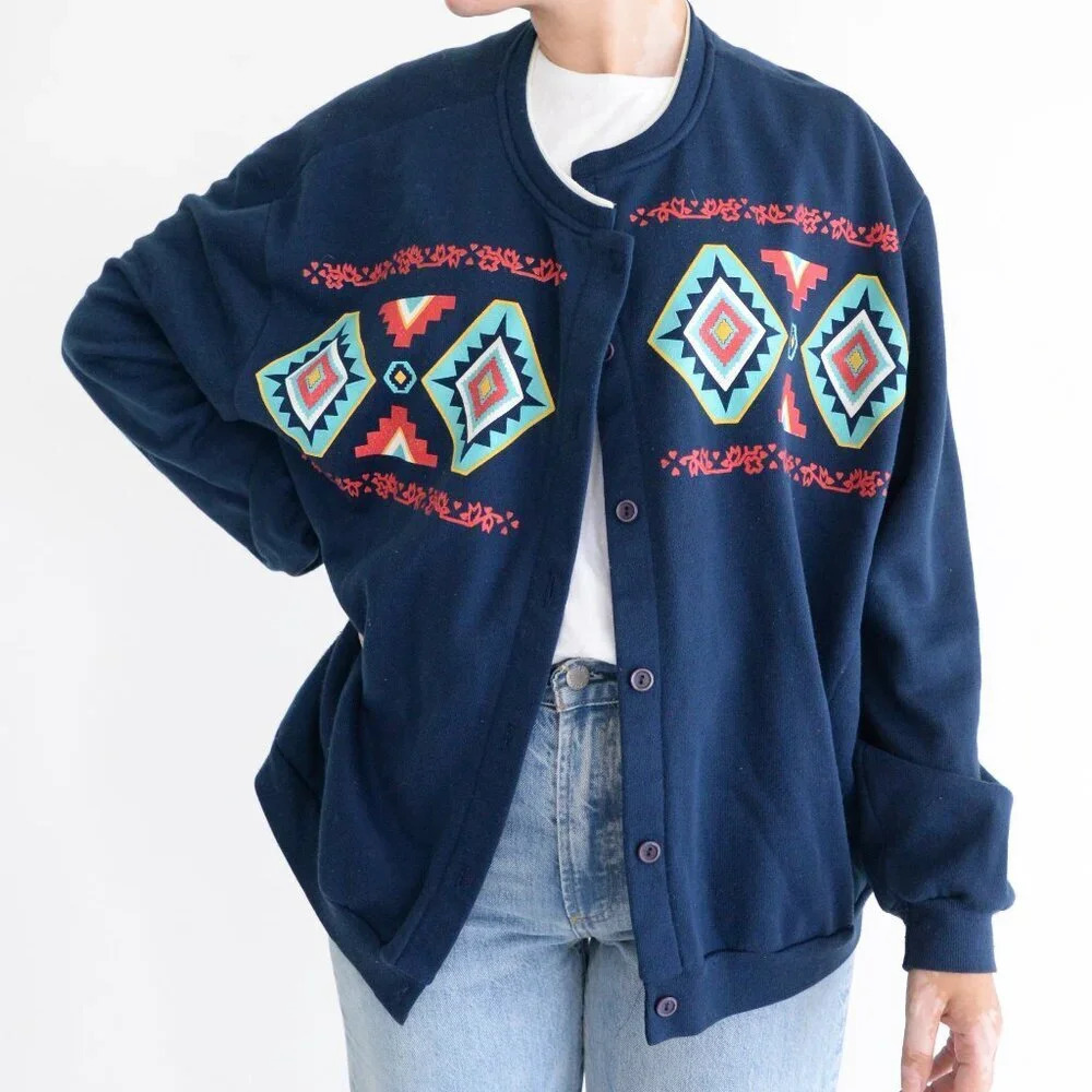 Vintage Blair Navy Southwestern Geometric Pattern Button Cardigan XL